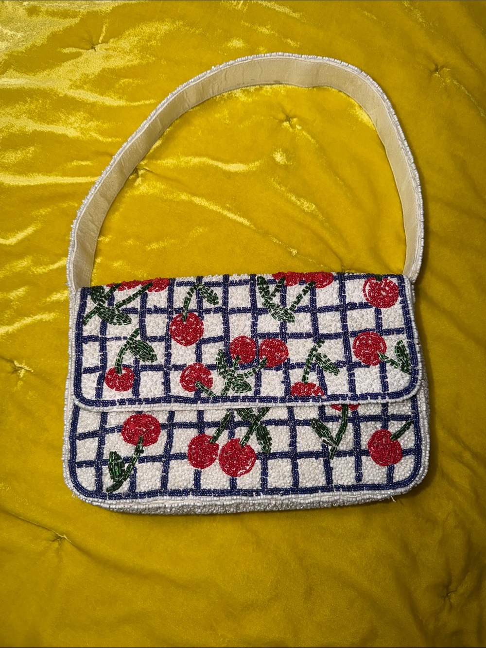 Beaded Cherry Grid Shoulder Bag - White Red